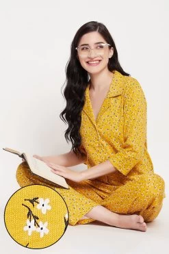 Pretty Florals Button Down Shirt & Pyjama Set In Mustard Yellow - 100% Cotton