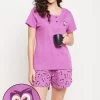 Owl Print Top & Shorts Set In Purple - 100% Cotton