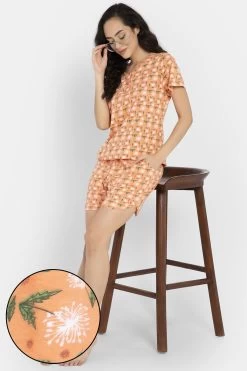 Floral Print Top & Shorts Set In Peach Colour - 100% Cotton