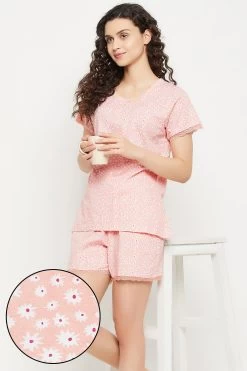 Pretty Florals Button Down Top & Shorts Set In Peach Colour - Modal