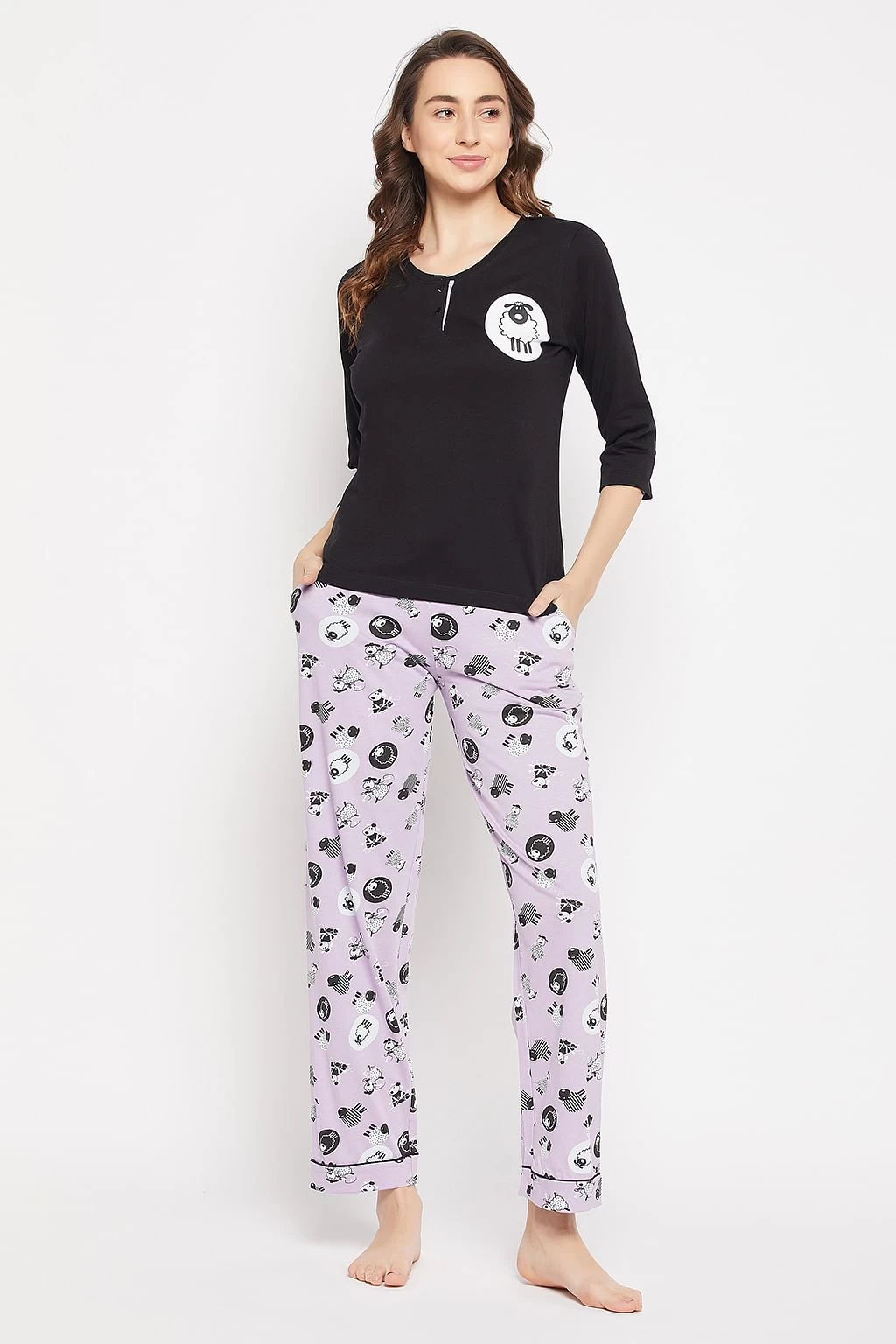 Sheep Print Top In Black & Pyjama In Lilac - 100% Cotton - Image 2