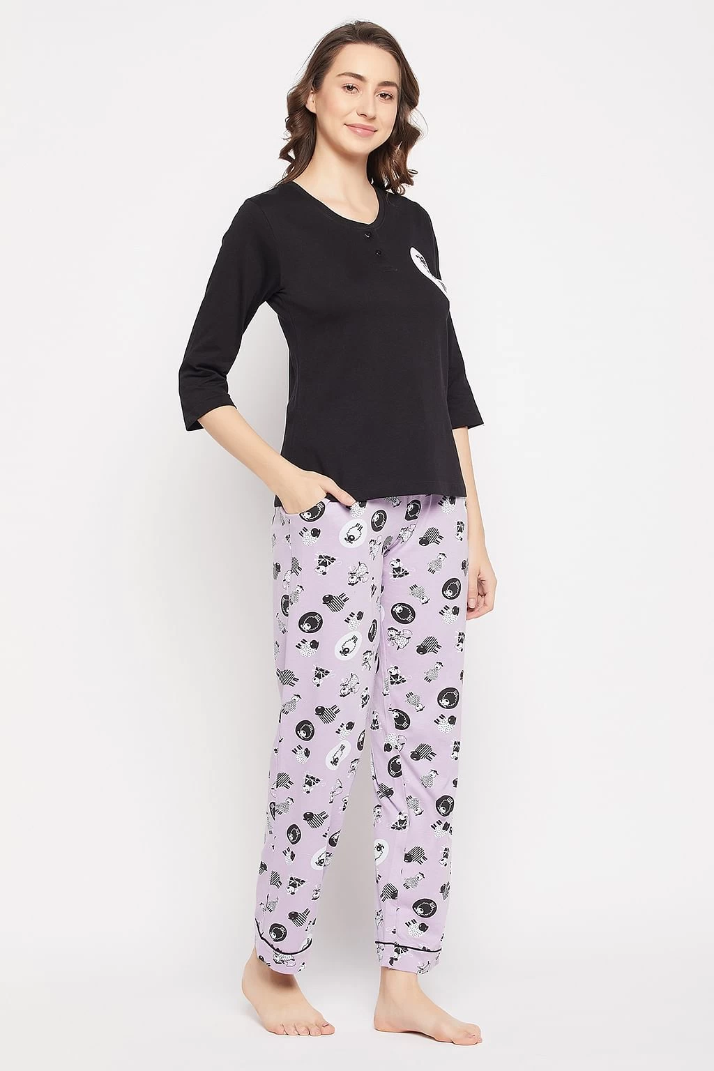Sheep Print Top In Black & Pyjama In Lilac - 100% Cotton - Image 4