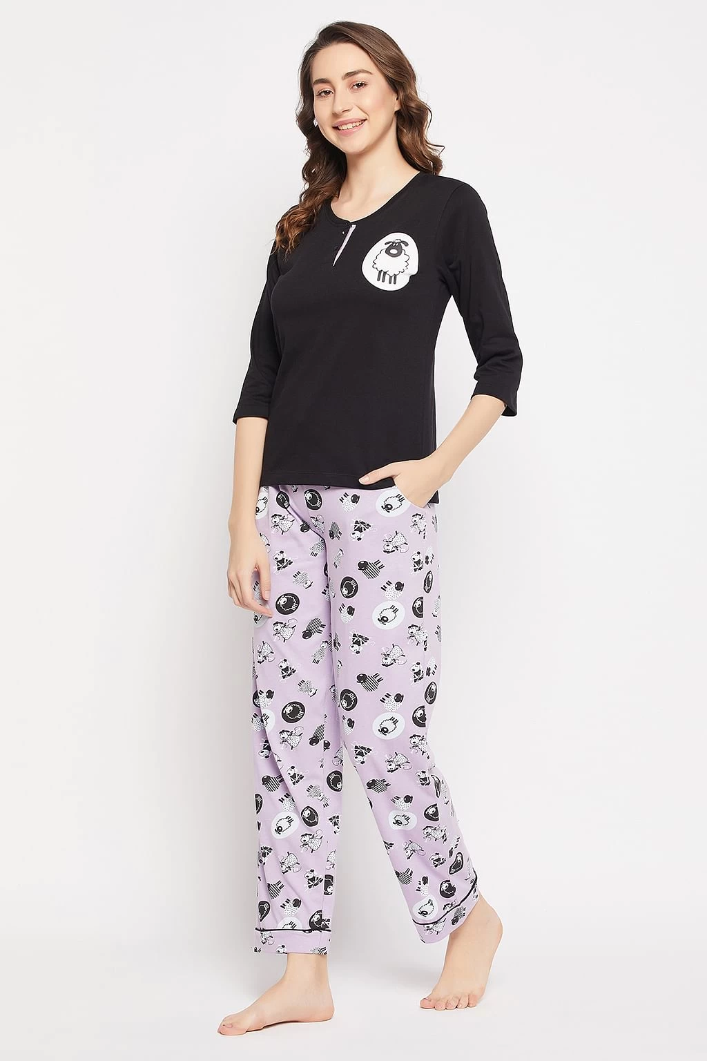 Sheep Print Top In Black & Pyjama In Lilac - 100% Cotton - Image 3