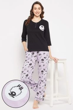 Sheep Print Top In Black & Pyjama In Lilac - 100% Cotton