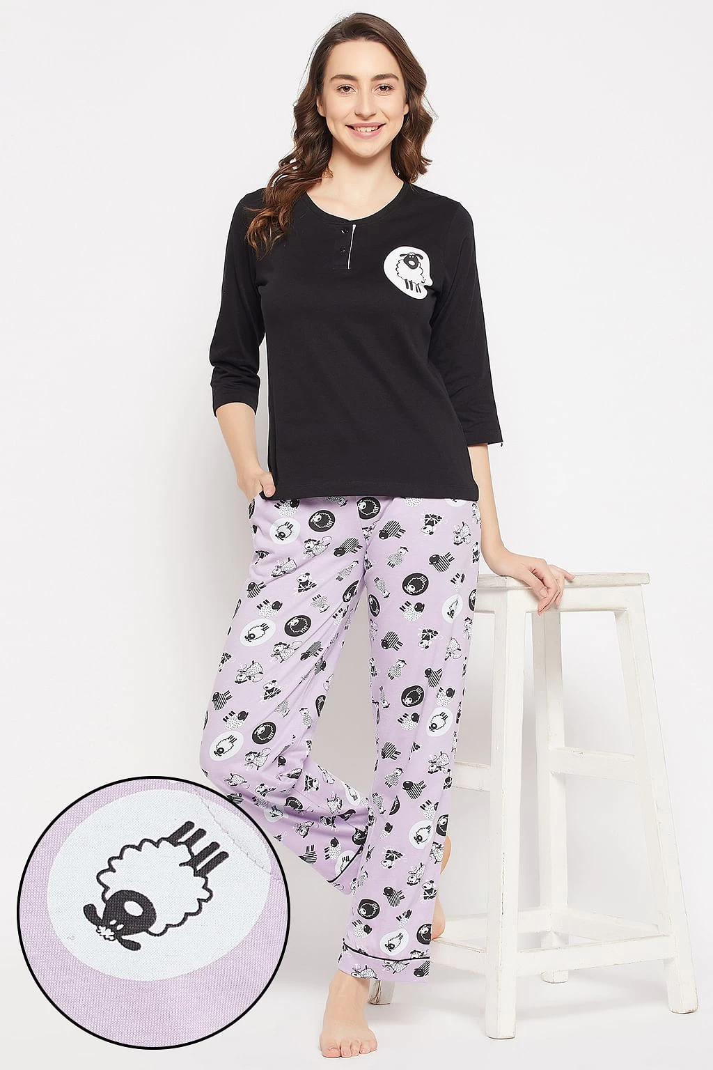 Sheep Print Top In Black & Pyjama In Lilac - 100% Cotton