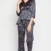Pretty Florals Peplum Top & Pyjama Set In Dark Grey - Satin