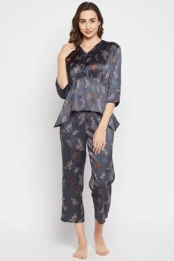 Pretty Florals Peplum Top & Pyjama Set In Dark Grey - Satin