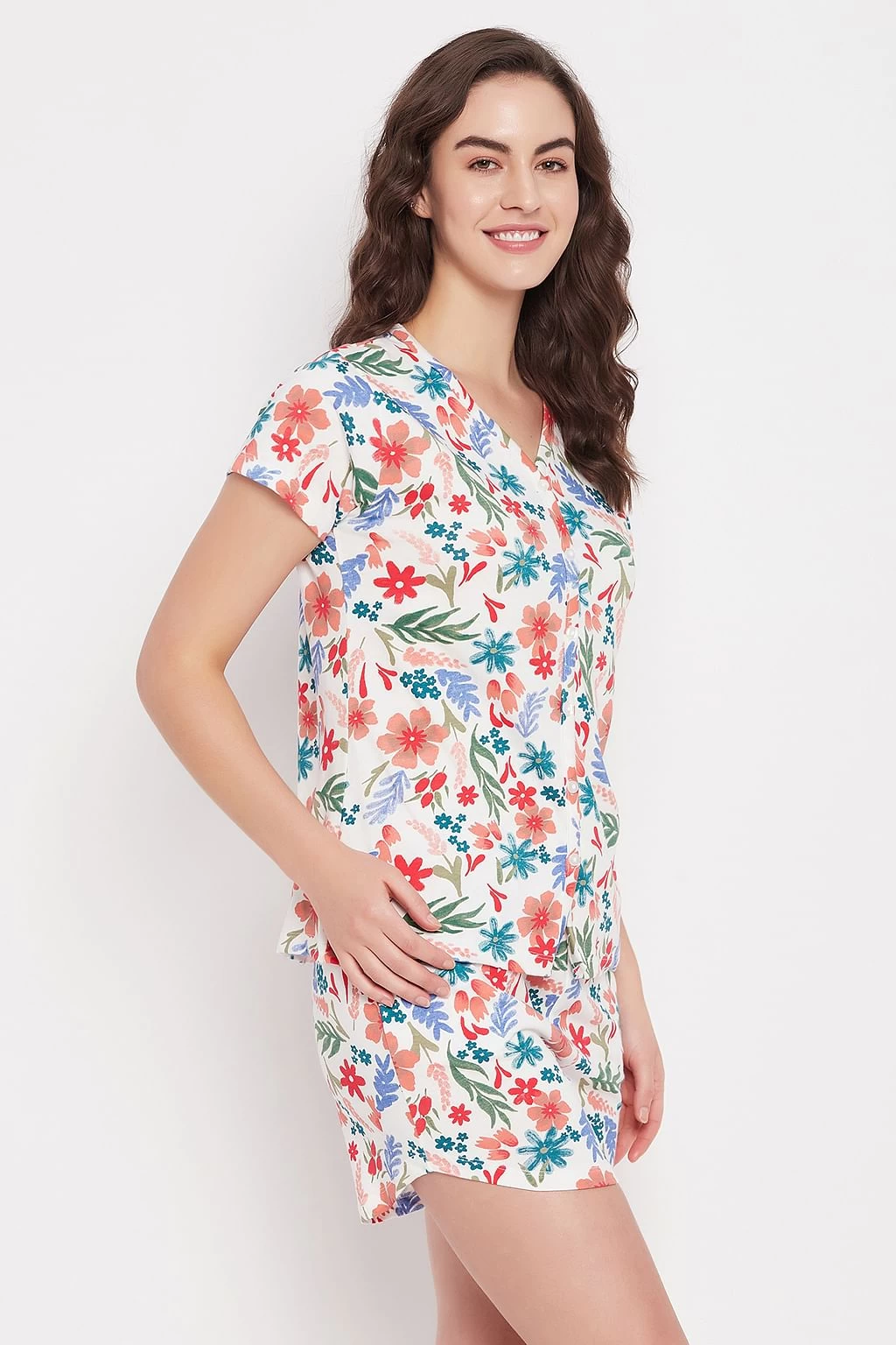 Pretty Florals Button Down Shirt & Shorts Set In White - 100% Cotton - Image 3