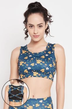 Medium Impact Padded Floral Print Sports Bra In Navy