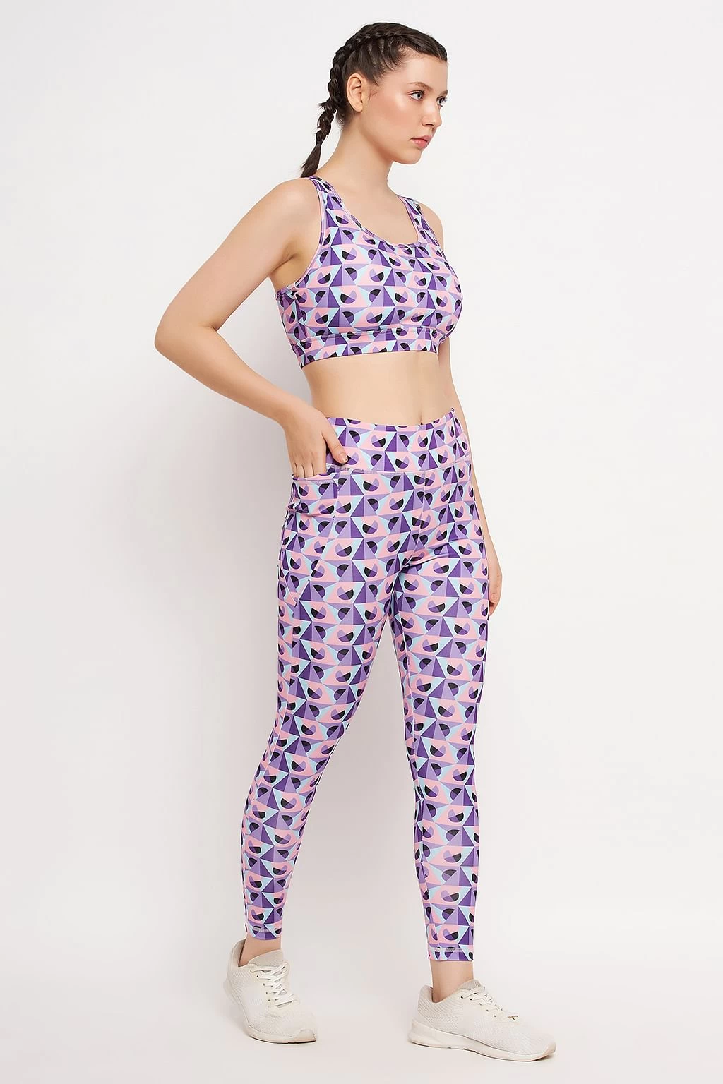 Medium Impact Padded Printed Active Sports Bra & High Rise Active Tights With Side Pocket In Purple - Image 3