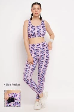Medium Impact Padded Printed Active Sports Bra & High Rise Active Tights With Side Pocket In Purple