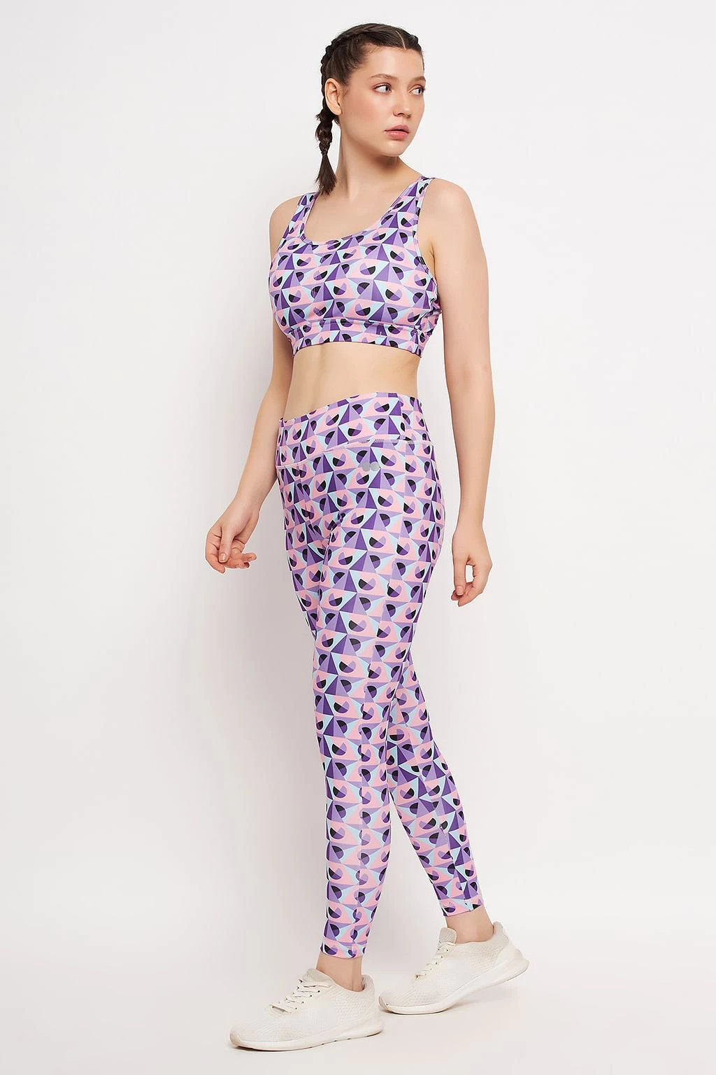 Medium Impact Padded Printed Active Sports Bra & High Rise Active Tights With Side Pocket In Purple - Image 2