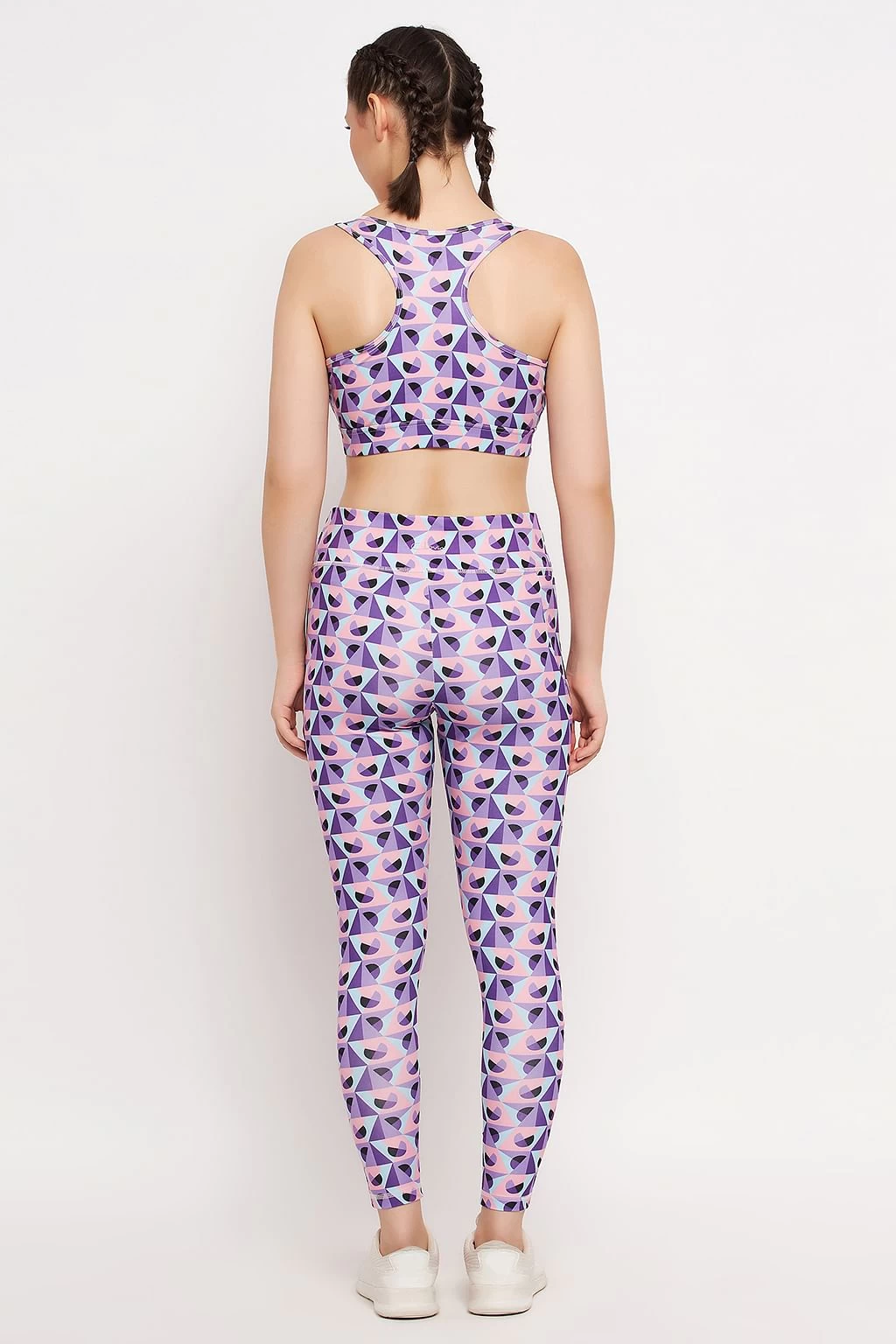Medium Impact Padded Printed Active Sports Bra & High Rise Active Tights With Side Pocket In Purple - Image 4