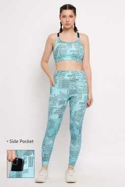 Medium Impact Padded Printed Sports Bra & High Rise Active Tights With Side Pocket In Sky Blue