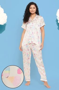 Midnight Cravings Button Down Shirt & Pyjama Set In Cream Colour - Satin