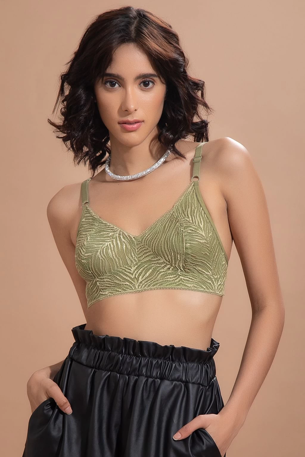 Non-Padded Non-Wired Full Cup Bralette In Olive Green - Lace