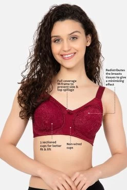 Non-Padded Non-Wired Full Cup Minimiser Bra In Maroon - Lace