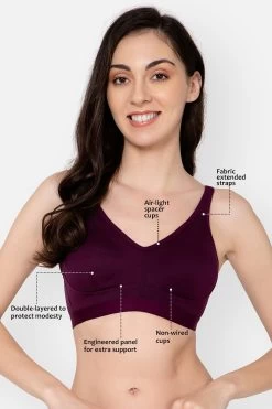 Non-Padded Non-Wired Full Figure Spacer Cup T-shirt Bra In Wine Colour - Cotton Rich