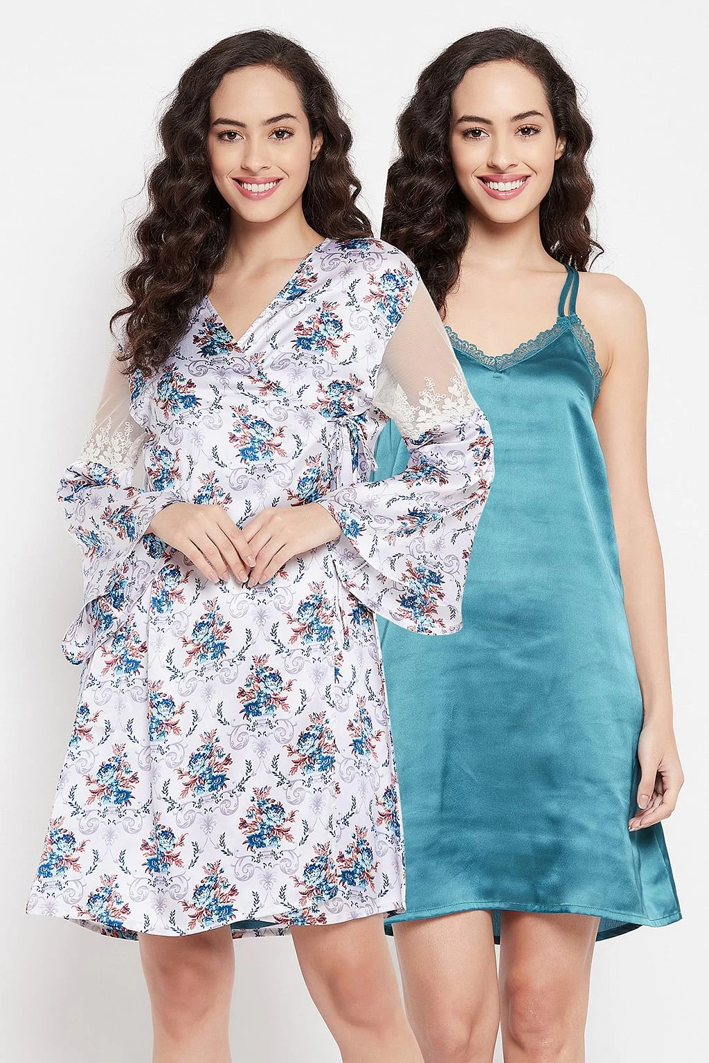 Chic Basic Short Nighty & Pretty Floral Robe Set In Blue & White - Satin