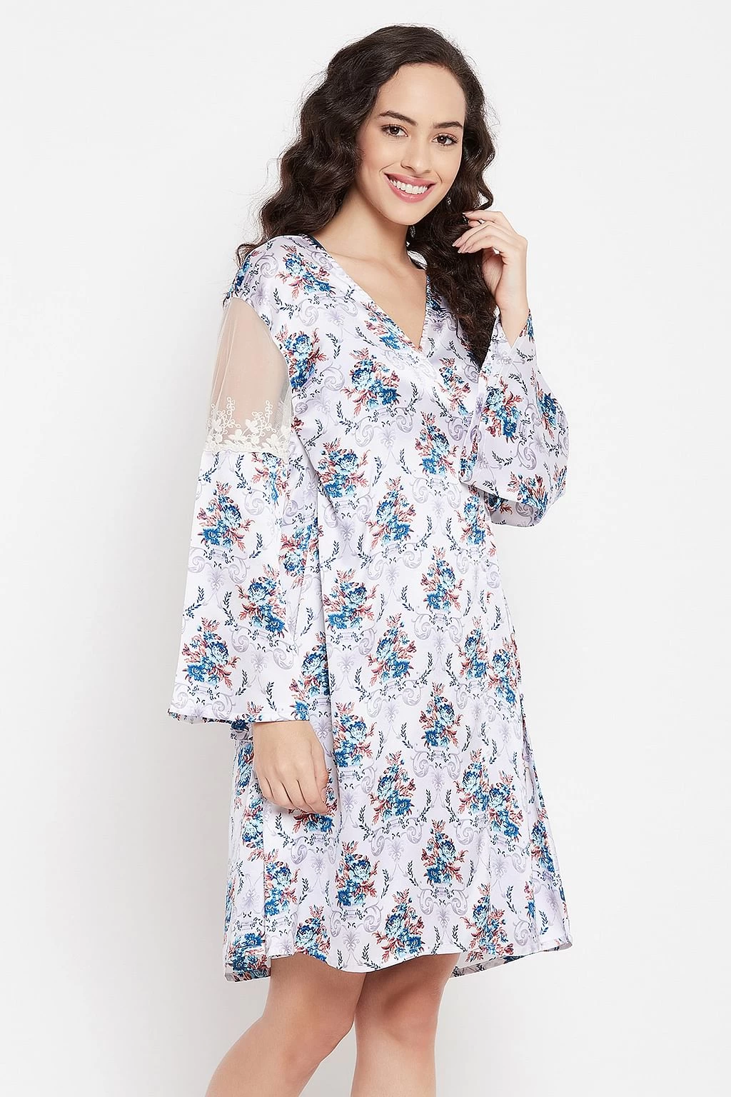 Chic Basic Short Nighty & Pretty Floral Robe Set In Blue & White - Satin - Image 5