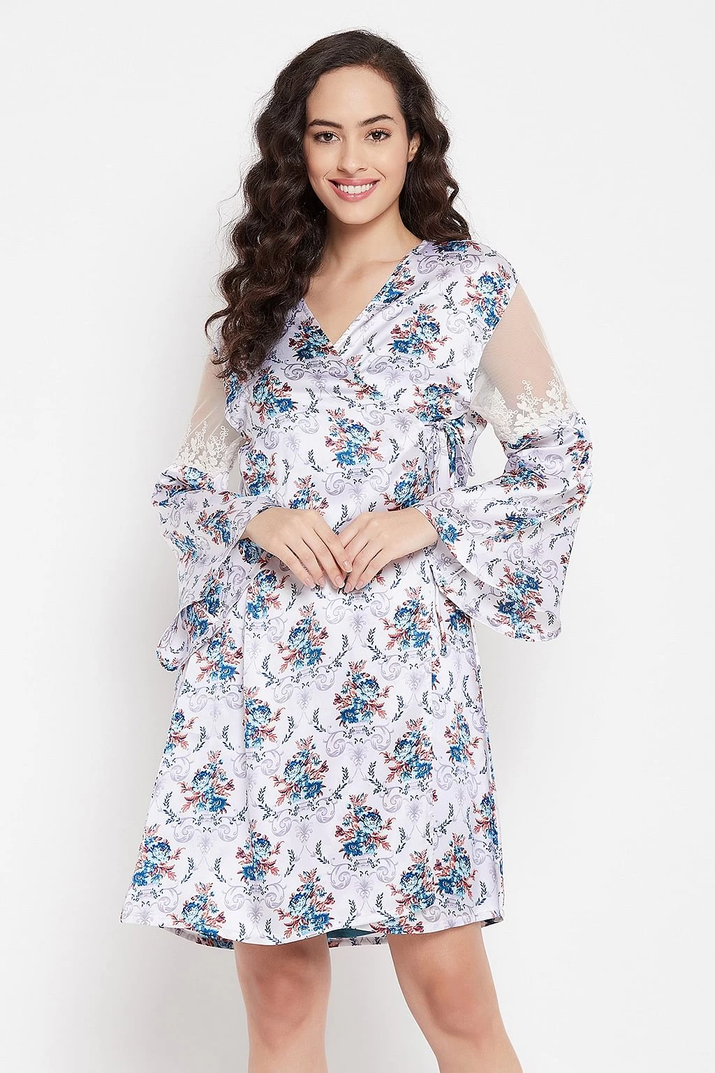 Chic Basic Short Nighty & Pretty Floral Robe Set In Blue & White - Satin - Image 3