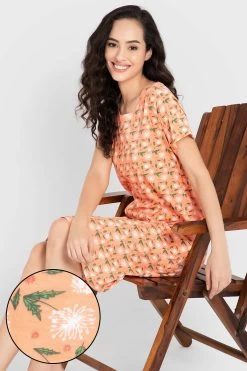 Floral Print Short Night Dress In Peach Colour - 100% Cotton