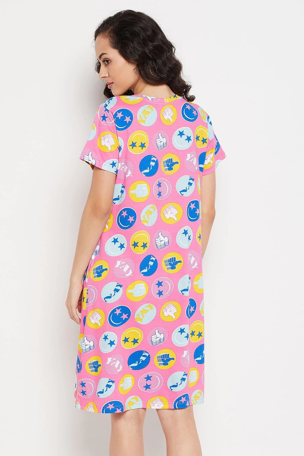 Emoji Print Short Night Dress In Pink - 100% Cotton - Image 5