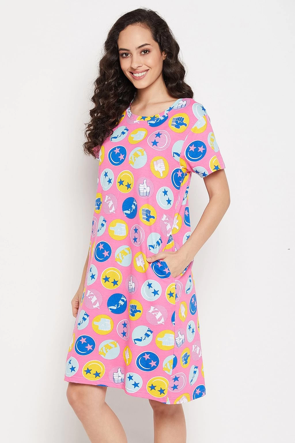 Emoji Print Short Night Dress In Pink - 100% Cotton - Image 3