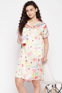Pretty Florals Button Me Up Sleep Shirt In White - Satin
