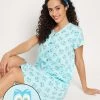 Owl Print Button Me Up Short Nightdress In Sky Blue - 100% Cotton