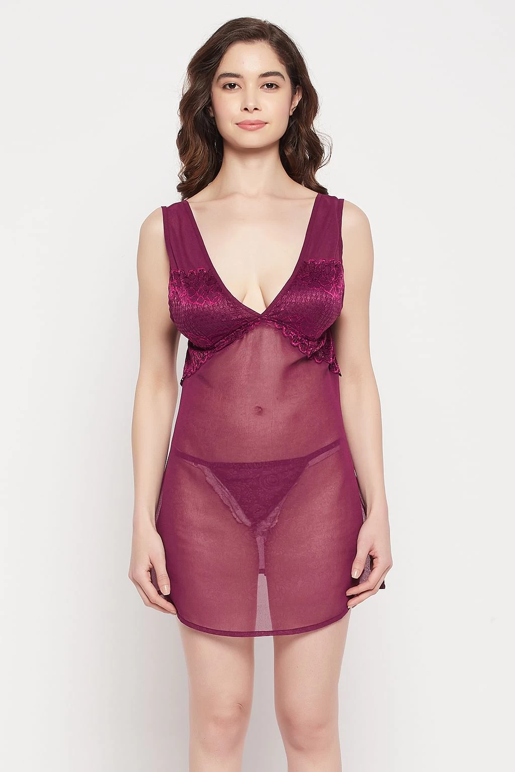 Chic Basic Babydoll In Wine Colour With G-string - Georgette - Image 2