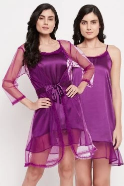 Chic Basic Short Night Dress & Robe Set In Purple - Satin