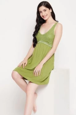 Chic Basic Short Night Dress In Green - Cotton