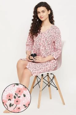 Pretty Florals Button Me Up Short Nighty In Baby Pink - 100% Cotton