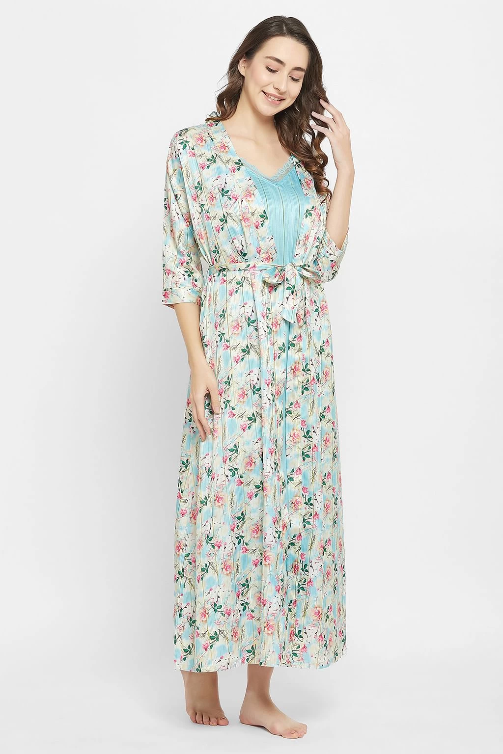 Chic Basic Long Night Dress & Pretty Florals Robe In Sky Blue - Satin - Image 4