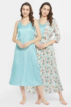 Chic Basic Long Night Dress & Pretty Florals Robe In Sky Blue - Satin