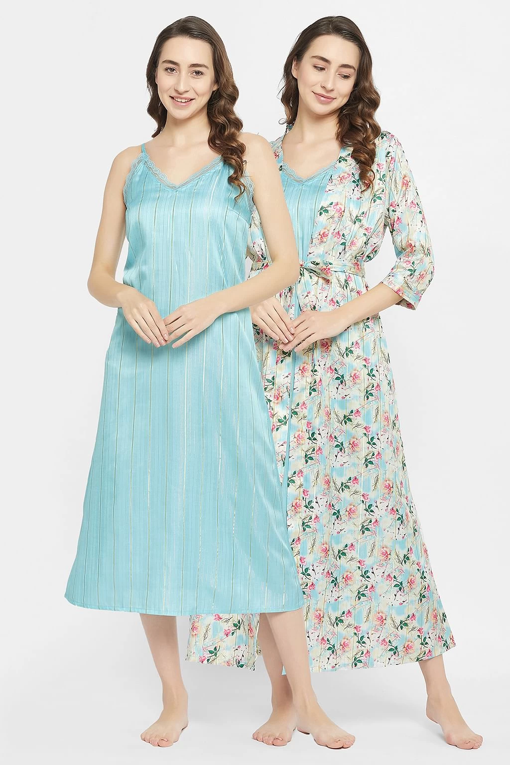 Chic Basic Long Night Dress & Pretty Florals Robe In Sky Blue - Satin