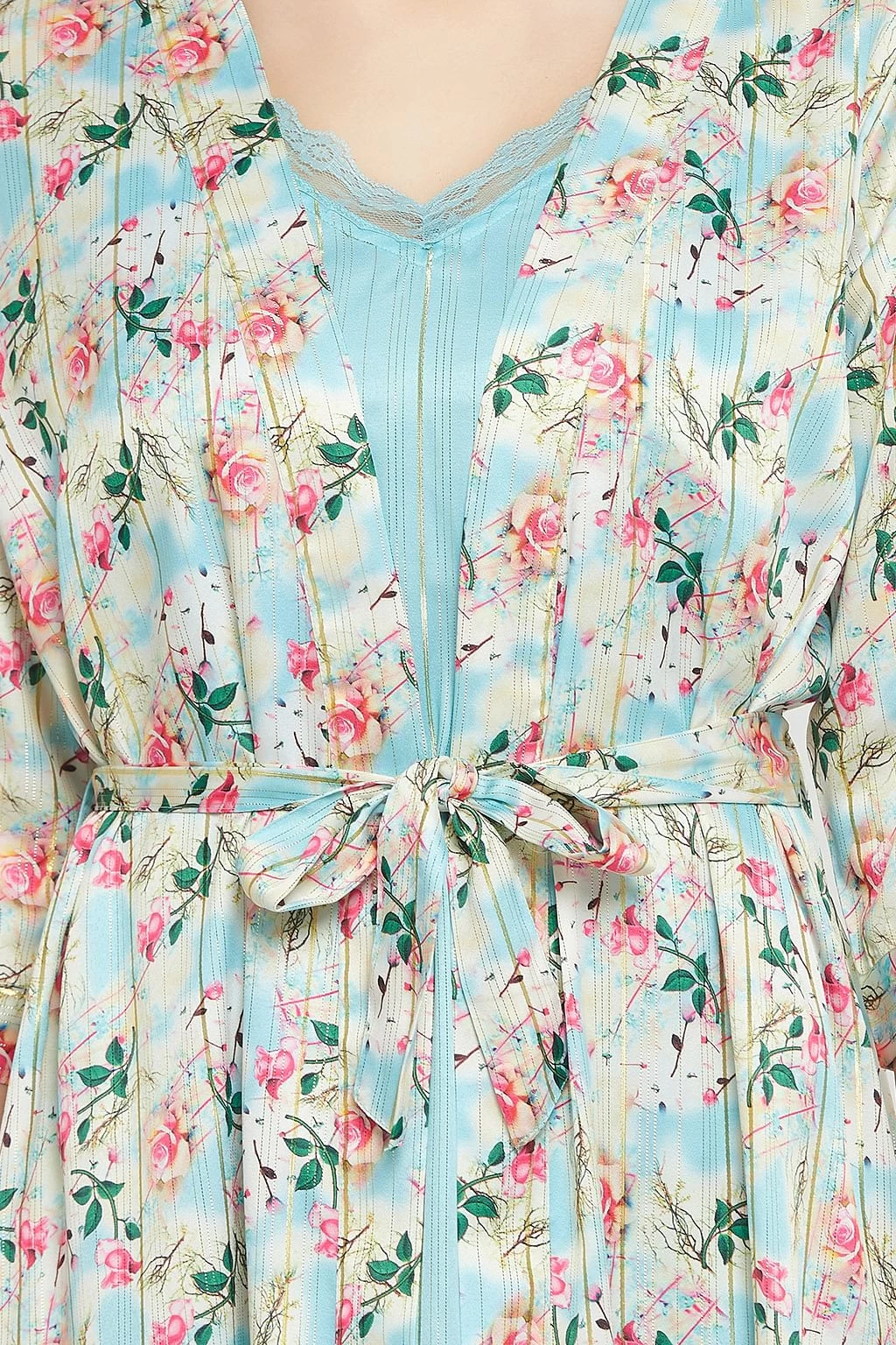 Chic Basic Long Night Dress & Pretty Florals Robe In Sky Blue - Satin - Image 6