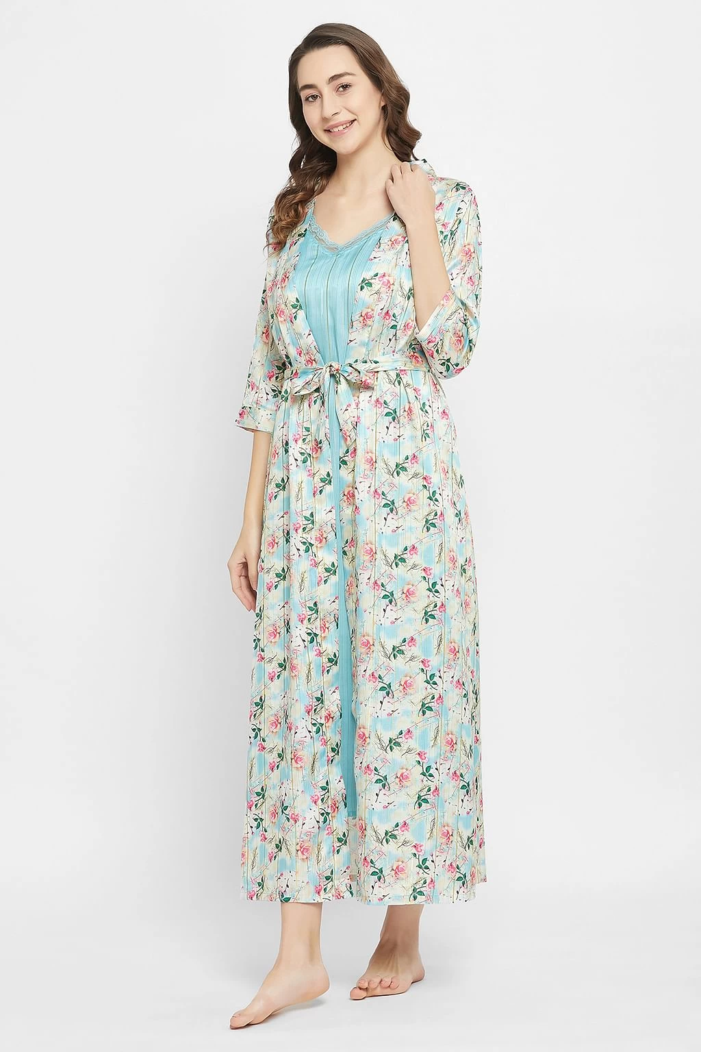 Chic Basic Long Night Dress & Pretty Florals Robe In Sky Blue - Satin - Image 3