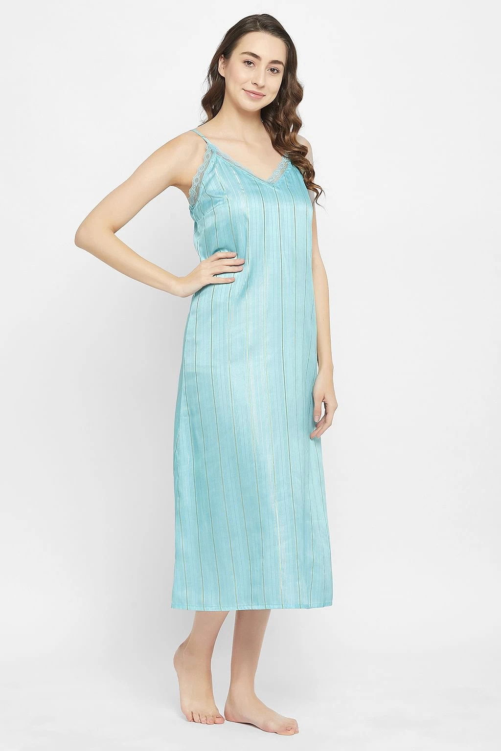 Chic Basic Long Night Dress & Pretty Florals Robe In Sky Blue - Satin - Image 9