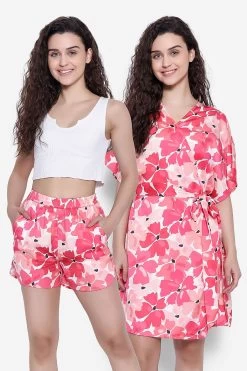 Pretty Florals Robe & Shorts In Red - Satin