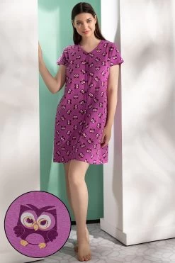 Owl Print Button Me Up Short Nightdress In Purple - 100% Cotton