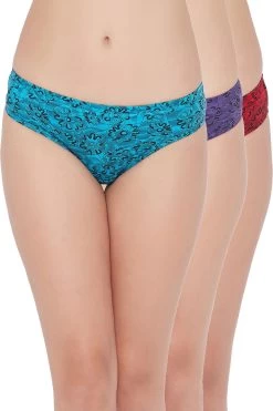 Pack Of 3 Mid Waist Printed Hipster Panties With Inner Elastic - 100% Cotton