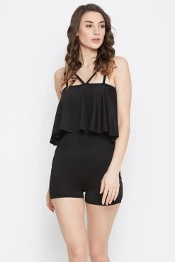 Padded Frilled Boyleg Monokini In Black