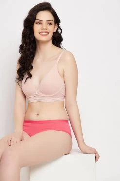 Padded Non-Wired Demi Cup Plunge Bra In Baby Pink