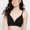 Padded Non-Wired Demi Cup Plunge Bra In Black