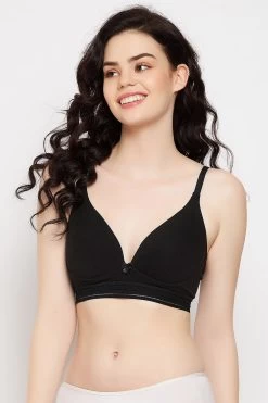 Padded Non-Wired Demi Cup Plunge Bra In Black