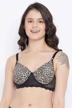 Padded Non-Wired Full Cup Animal Print T-shirt Bra In Black - Lace