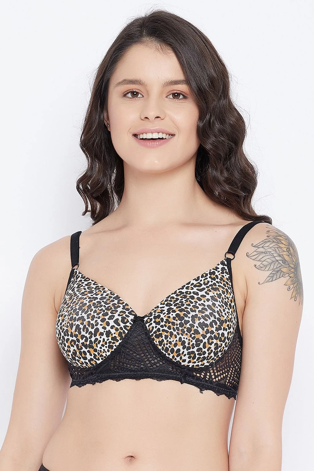 Padded Non-Wired Full Cup Animal Print T-shirt Bra In Black - Lace