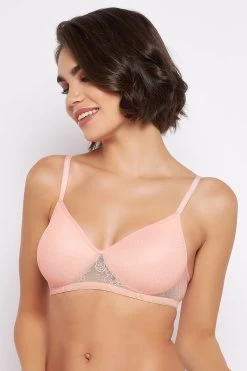 Padded Non-Wired Full Cup Bra In Baby Pink - Lace